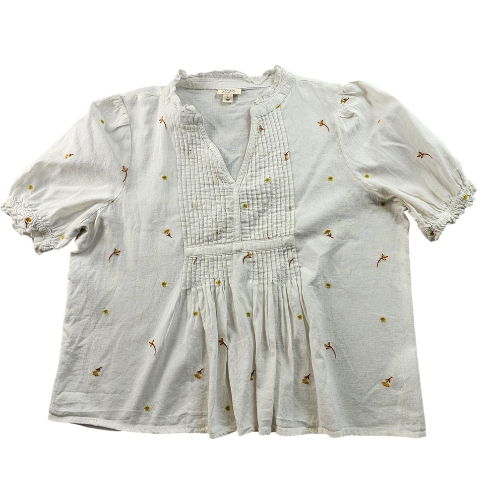 a.n.a Blouse Top Womens Large White Embroidered Floral Pleated Front Linen Blend